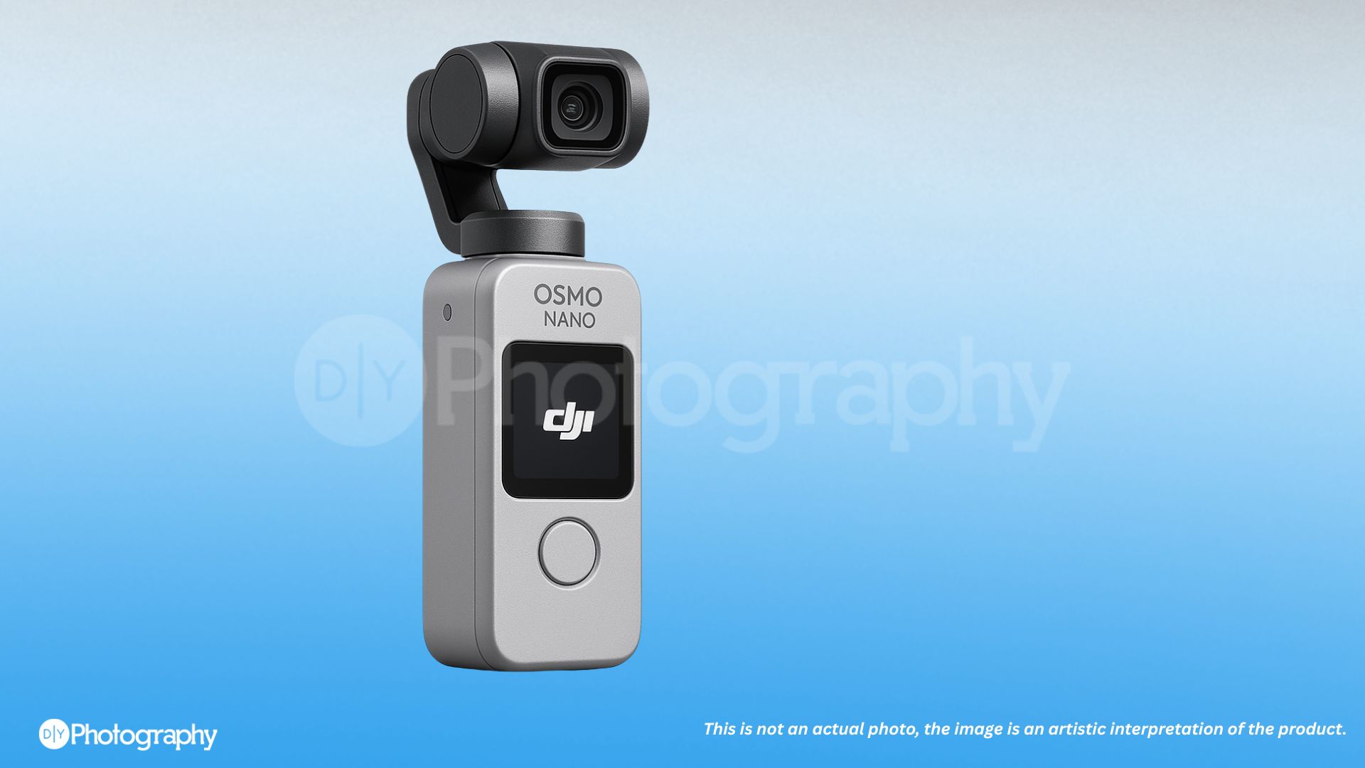 A clean shot of the DJI Osmo Nano camera gimbal, highlighting its compact size and portability.