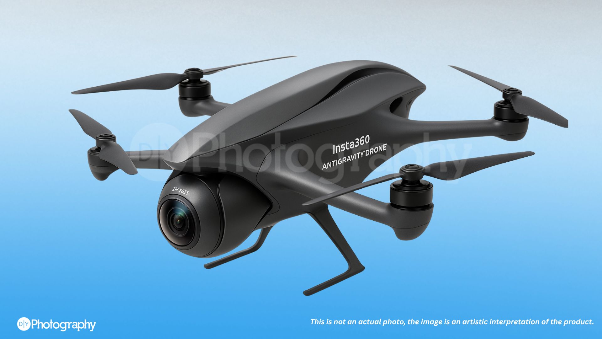 A product shot of the Insta360 Antigravity Drone in mid-air, showcasing its compact design and camera features.