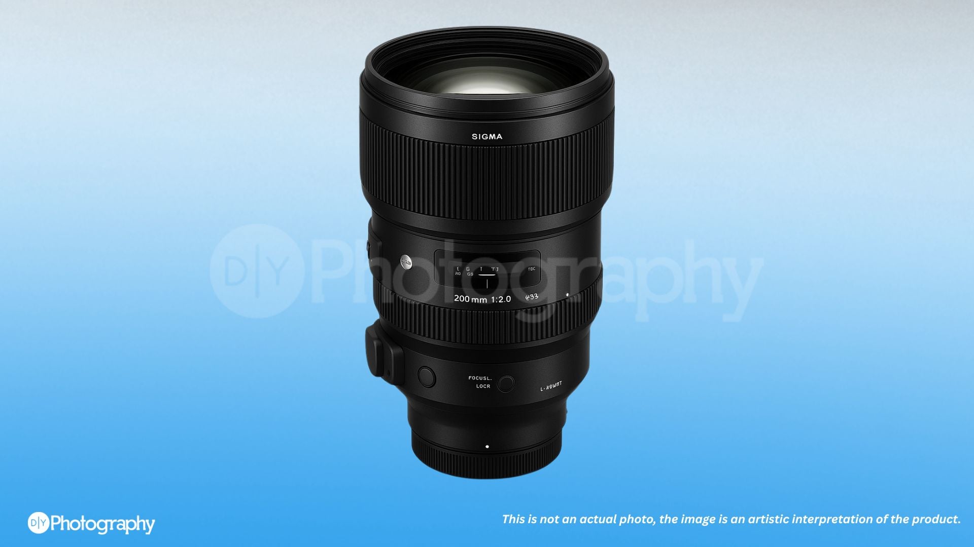 A artist depiction image of the Sigma 200mm f/2.0 lens showing its sleek design and large lens body.