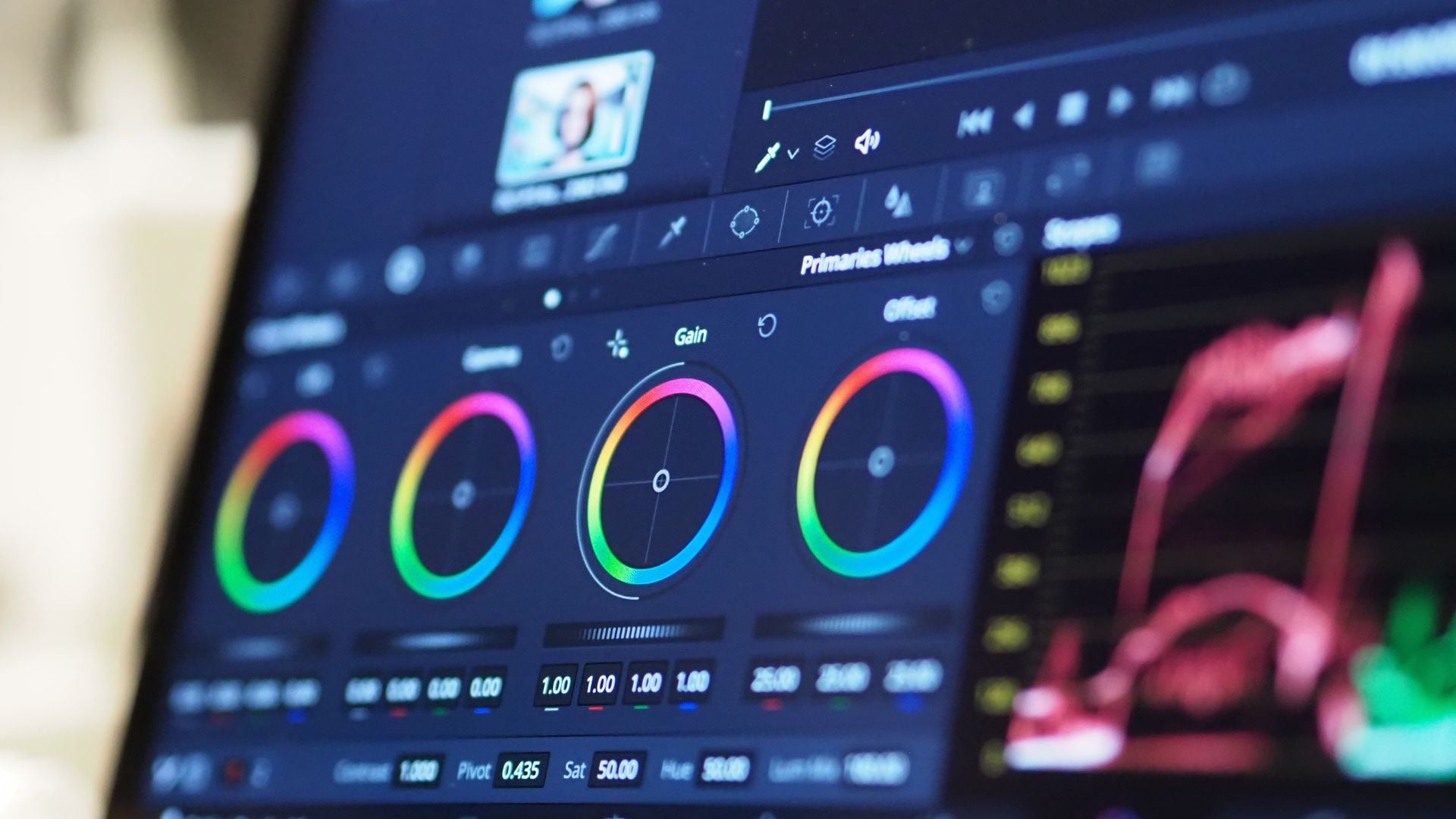 A close-up of a color grading interface in video editing software, featuring color wheels for adjusting camera settings, gain, and offset to fine-tune the color palette of the video.