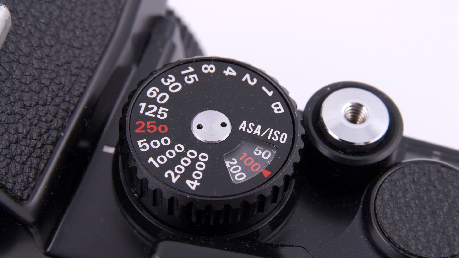 Close-up of a film camera showing the ASA/ISO settings, allowing users to adjust for optimal exposure.