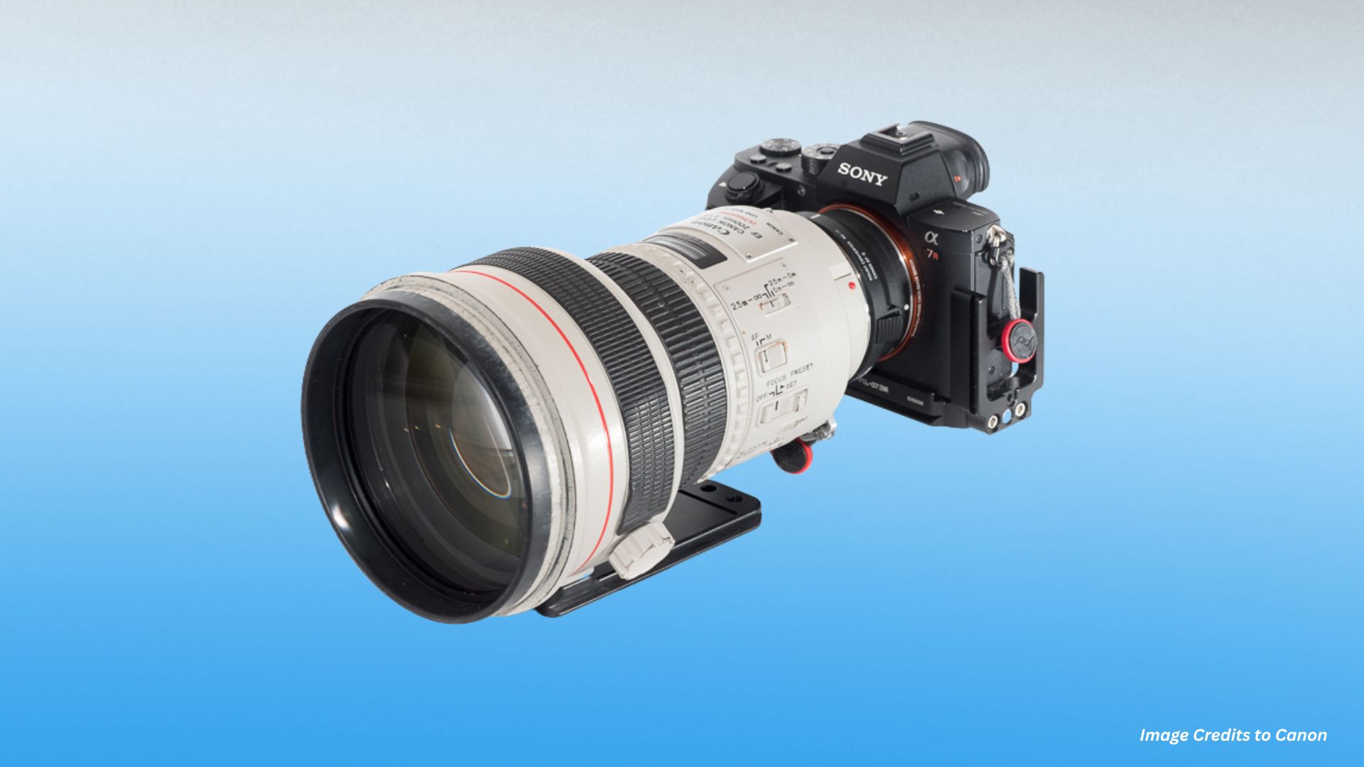 A powerful shot of a Sony mirrorless camera mounted with a Canon lens, capturing the fusion of two legendary brands in the photography industry, known for their innovative technology and sharp optics that elevate any photography experience.