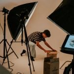 A photography studio with soft lighting to illuminate products against a white background for crisp shots.