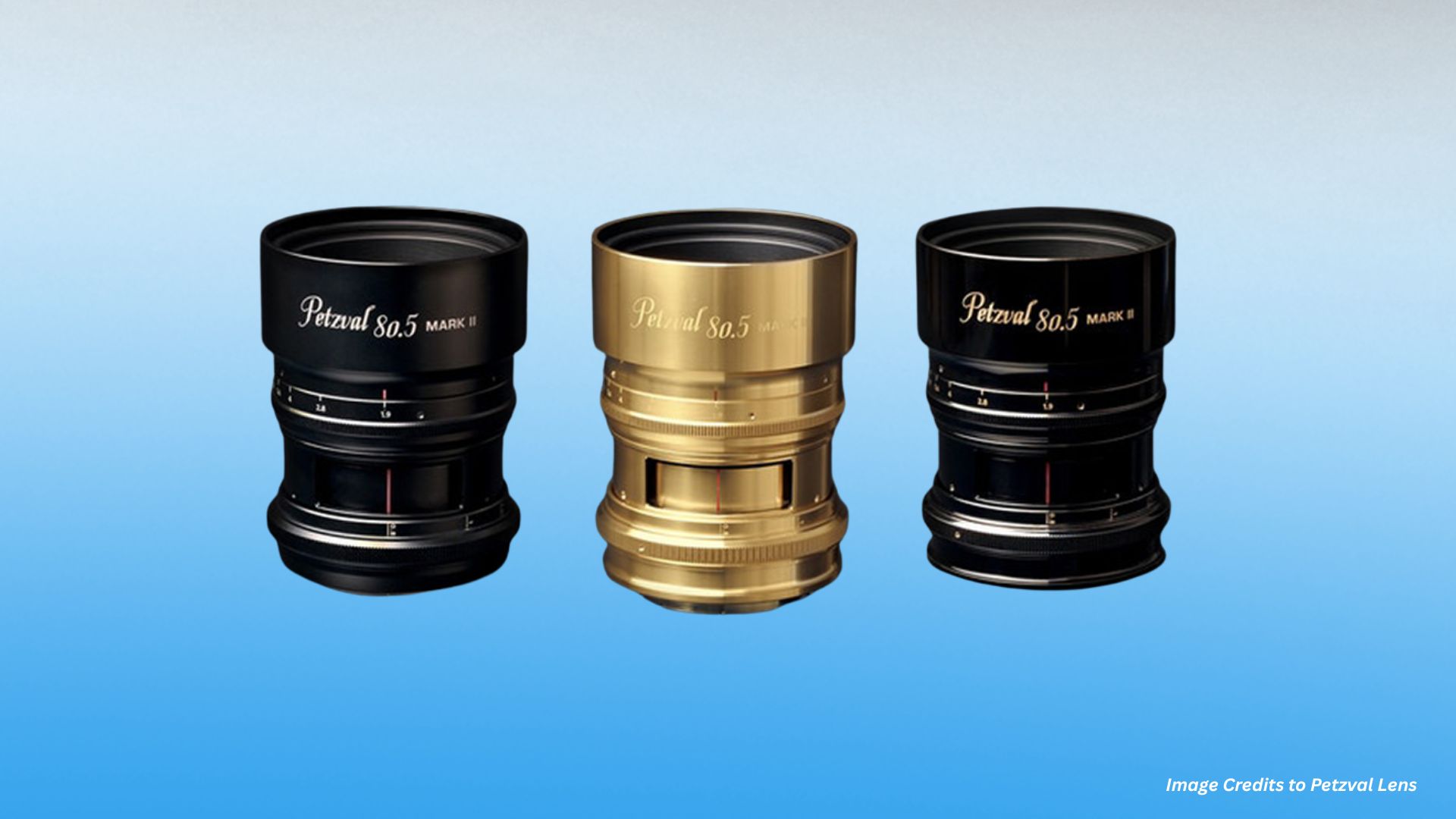 A set of Petzval lenses in gold, black, and silver finishes, renowned for their vintage, artistic quality and beautiful bokeh effects, making them a favorite among photographers who wish to add a unique touch to their shots.