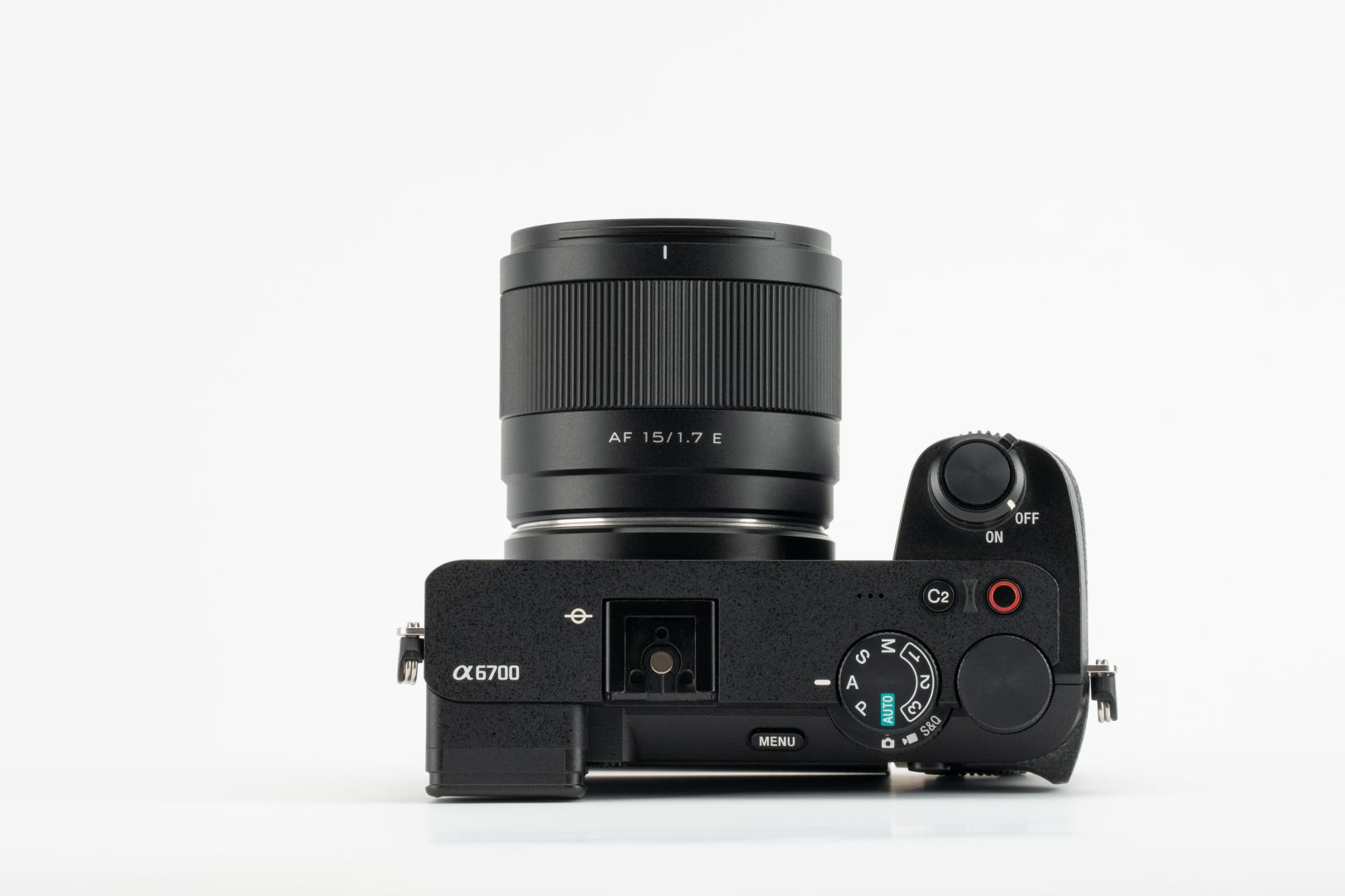 A top-down view of a Sony APS-C camera with the compact Viltrox 15mm F1.7 lens attached