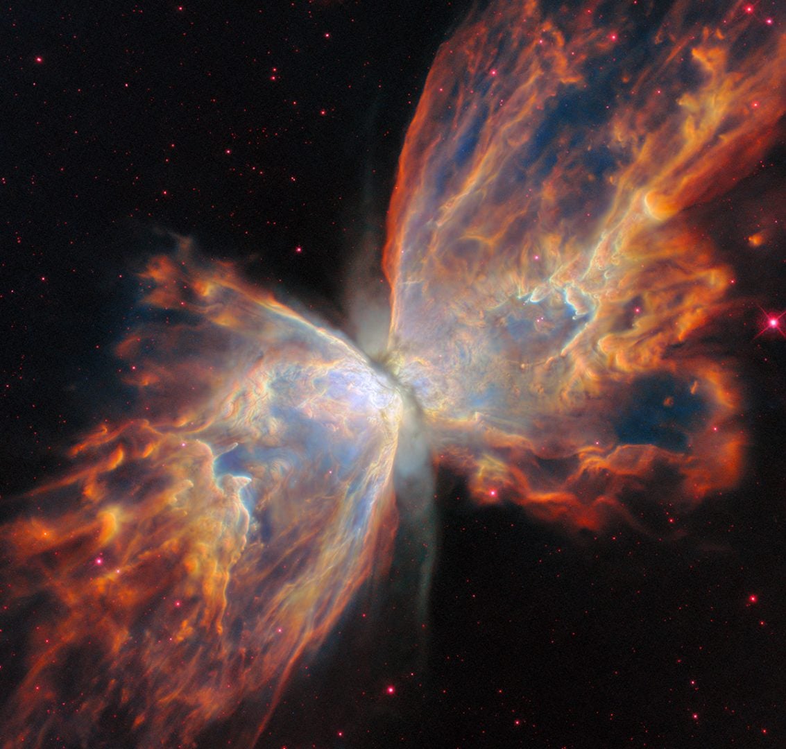A view of the Butterfly Nebula in optical wavelength, captured by the Hubble Space Telescope. Credit: ESA/Webb, NASA & CSA, K. Noll, J. Kastner, M. Zamani (ESA/Webb)