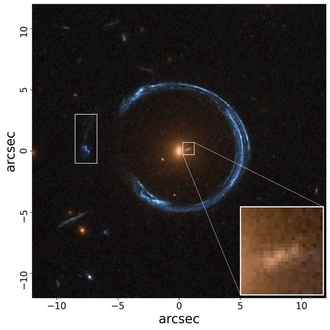An image of the Cosmic Horseshoe, with the pair of images of a second background source highlighted. The faint central image forms close to the black hole, which is what made the new discovery possible. Credit: NASA/ESA/Tian Li(University of Portsmouth)