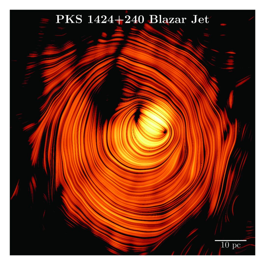 The “Eye of Sauron”, a striking image of the plasma jet in the blazar PKS 1424+240, seen head-on. Credit: Y.Y. Kovalev et al.