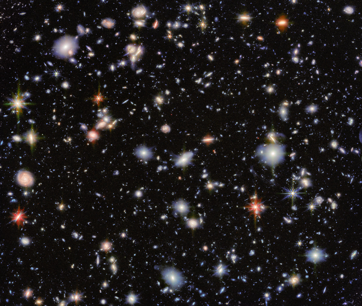 This image from the NASA/ESA/CSA James Webb Space Telescope revisits one of the most iconic regions of the sky, the Hubble Ultra Deep Field, through the eyes of two of Webb’s instruments. Credit: ESA/Webb, NASA & CSA, G. Östlin, P. G. Perez-Gonzalez, J. Melinder, the JADES Collaboration, the MIDIS collaboration, M. Zamani (ESA/Webb)