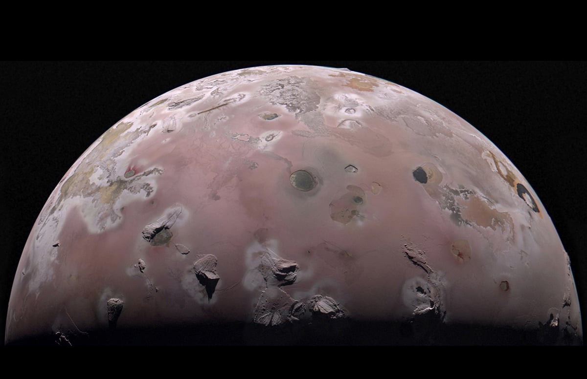 The north polar region of Jupiter’s volcanic moon Io was captured by the JunoCam imager aboard NASA’s Juno during the spacecraft’s 57th close pass of the gas giant on Dec. 30, 2023. A technique called annealing was used to help repair radiation damage to the camera in time to capture this image. Image data: NASA/JPL-Caltech/SwRI/MSSS Image processing by Gerald Eichstädt
