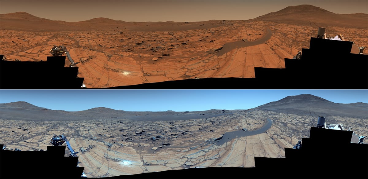 Two versions of the 96-image panorama of the "Falbreen" region on Mars, an enhanced-color version (top), and a natural-color version (bottom). Credit: NASA/JPL-Caltech/ASU/MSSS