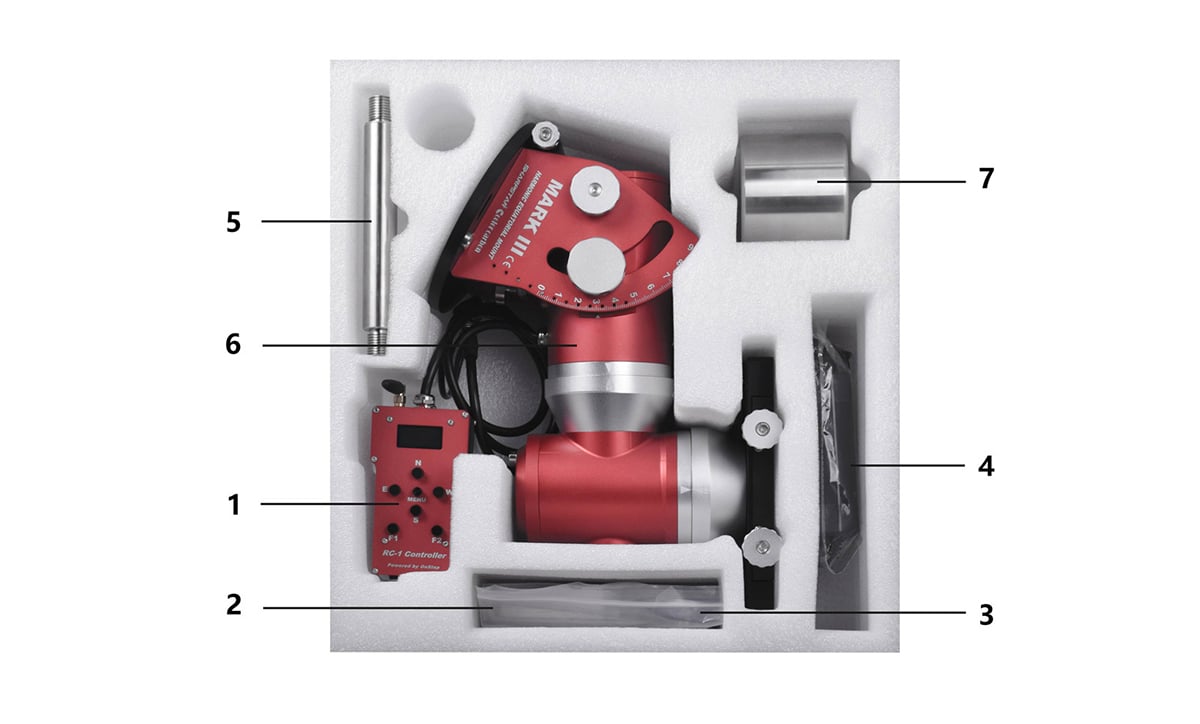 The package comes with a hand controller (1), boost converter (2), tool packager (3), power package (4), counterweight bar (5), main body (6), and counterweight (7)