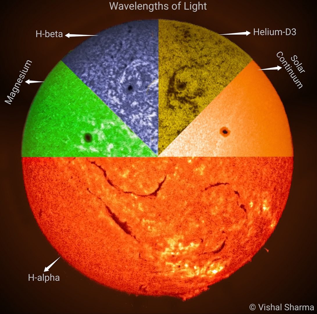 This is a multi-wavelength image of the Sun, created by capturing specific wavelengths to highlight distinct solar features and layering them into a pie-shaped composite. Each segment of this image showcases different aspects of solar activity. Credit: Vishal Sharma