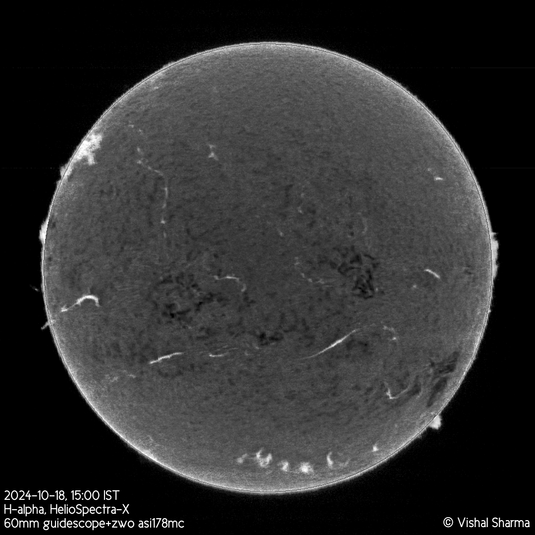 H-alpha Inverted: the Sun in H-alpha using spectroheliograph, revealing intricate details of the chromosphere, including filaments and prominences. The image was processed as an inverted monochrome to enhance contrast and highlight subtle solar structures often missed in standard rendering. Credit: Vishal Sharma