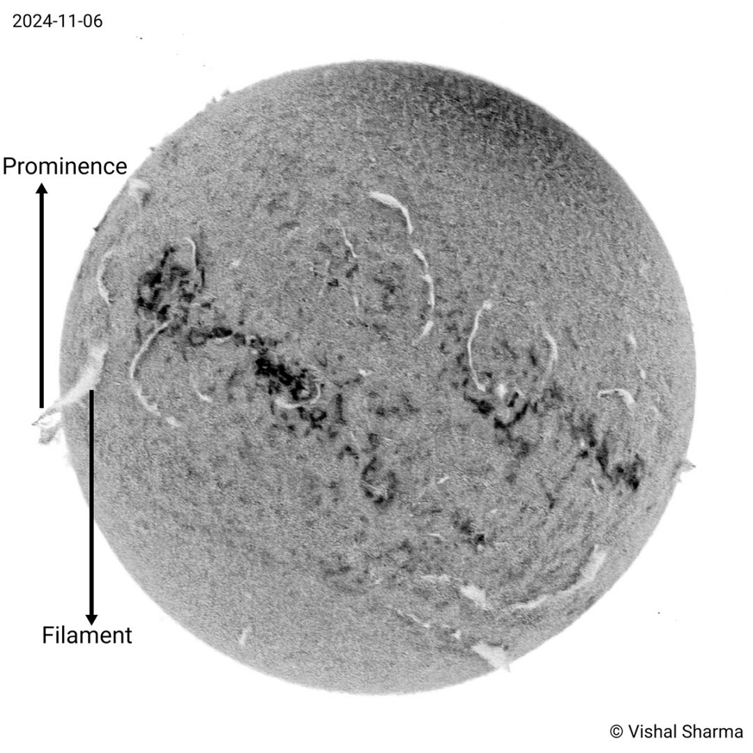 Fillaprom: This H-alpha solar image, captured using a DIY spectroheliograph, showcases a striking filaprom—a filament partially on the solar disk and partially extending beyond the edge as a prominence. The structure beautifully illustrates the three-dimensional nature of solar plasma suspended in the Sun’s magnetic field. Credit: Vishal Sharma