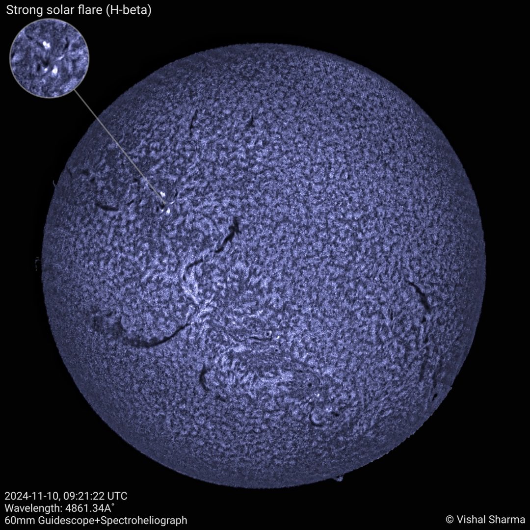 Strong Solar Flare: Active sunspot AR3889 erupted on 2024-11-10, releasing an M9.4-class solar flare that caused a shortwave radio blackout across the South Atlantic Ocean. These very shiny dots in the magnified image are the outburst captured in the H-beta Wavelength. Credit: Vishal Sharma