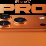 Close-up view of iPhone 17 Pro's triple camera system in orange finish, showcasing three large camera lenses and flash on black background.