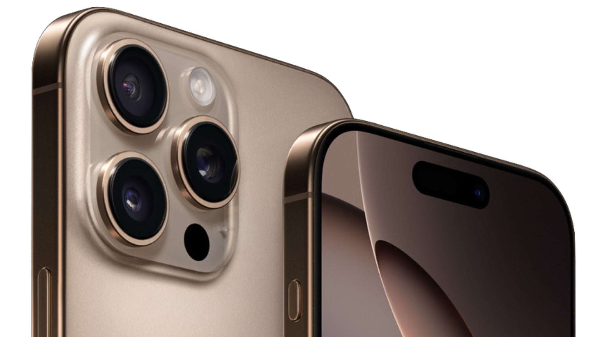 Close-up of the rear camera system of the iPhone 15 Pro Max, showing the advanced multi-lens setup and the premium design in gold.