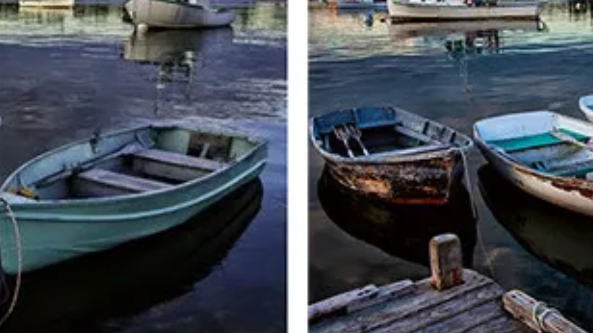 Side by side comparison showing enhanced photo quality with improved color saturation and sharpness of boats floating in calm blue water at marina.