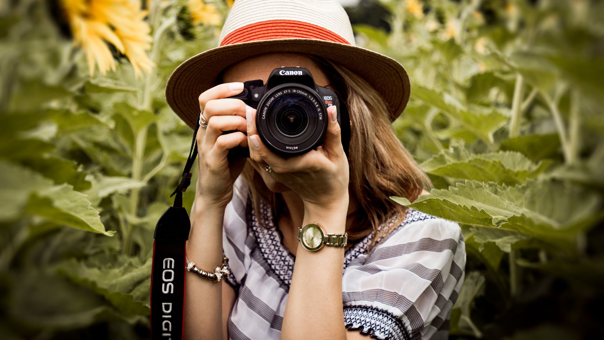 A woman with a straw hat takes a portrait photograph with a Canon DSLR camera in a sunflower field, emphasizing the shift from smartphones to professional cameras for budding photographers.
