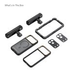 Comprehensive phone camera kit showing LED lights, protective cases, lens covers, mounting frames, and various accessories for mobile content creation.