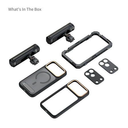 Comprehensive phone camera kit showing LED lights, protective cases, lens covers, mounting frames, and various accessories for mobile content creation.
