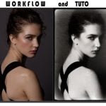 Split-screen showing woman's portrait before and after black-and-white film effect conversion using DxO PhotoLab and FilmPack applications with editing tools.