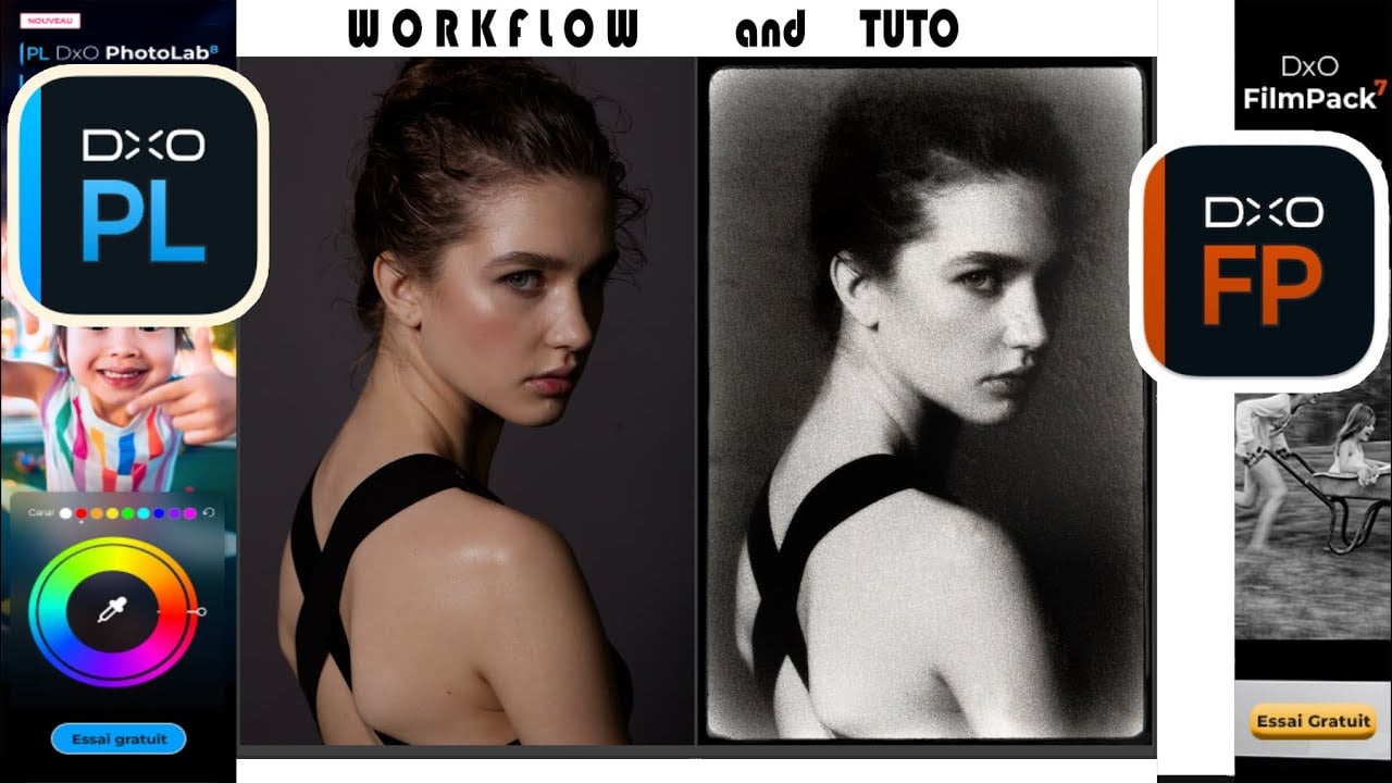 Split-screen showing woman's portrait before and after black-and-white film effect conversion using DxO PhotoLab and FilmPack applications with editing tools.