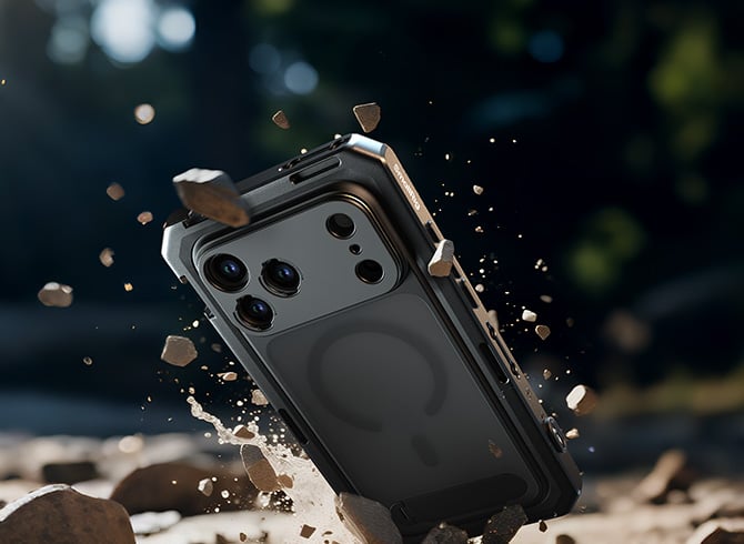 Heavy-duty black protective phone case with multiple camera lenses surrounded by flying debris particles and water splash effects during impact testing.