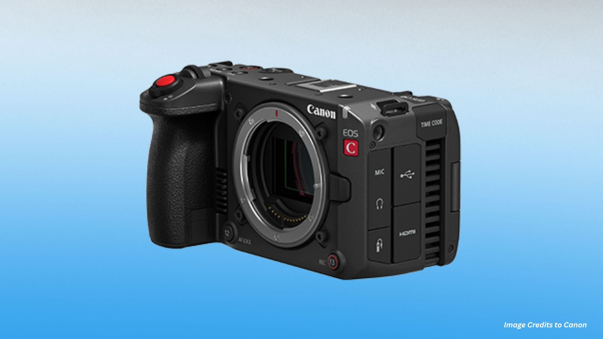 Professional Canon EOS C cinema camera body without lens showing open mount, cooling vents, and professional video recording controls and ports.