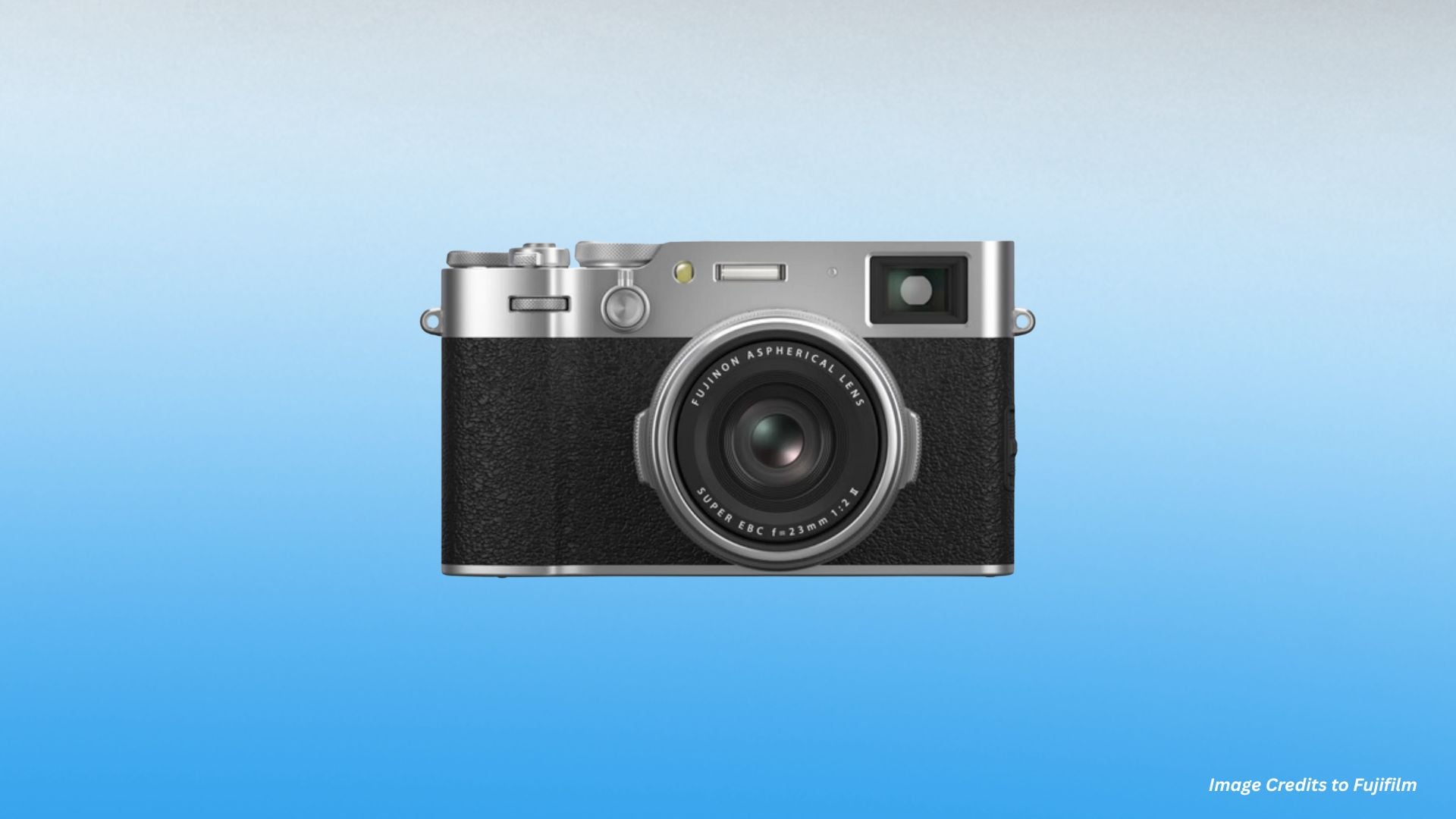 Close-up of a Fujifilm X100VI compact camera, showcasing its sleek design with manual dials for exposure control, set against a minimalistic background. This image highlights the camera's user-friendly, retro design suited for street and everyday photography.