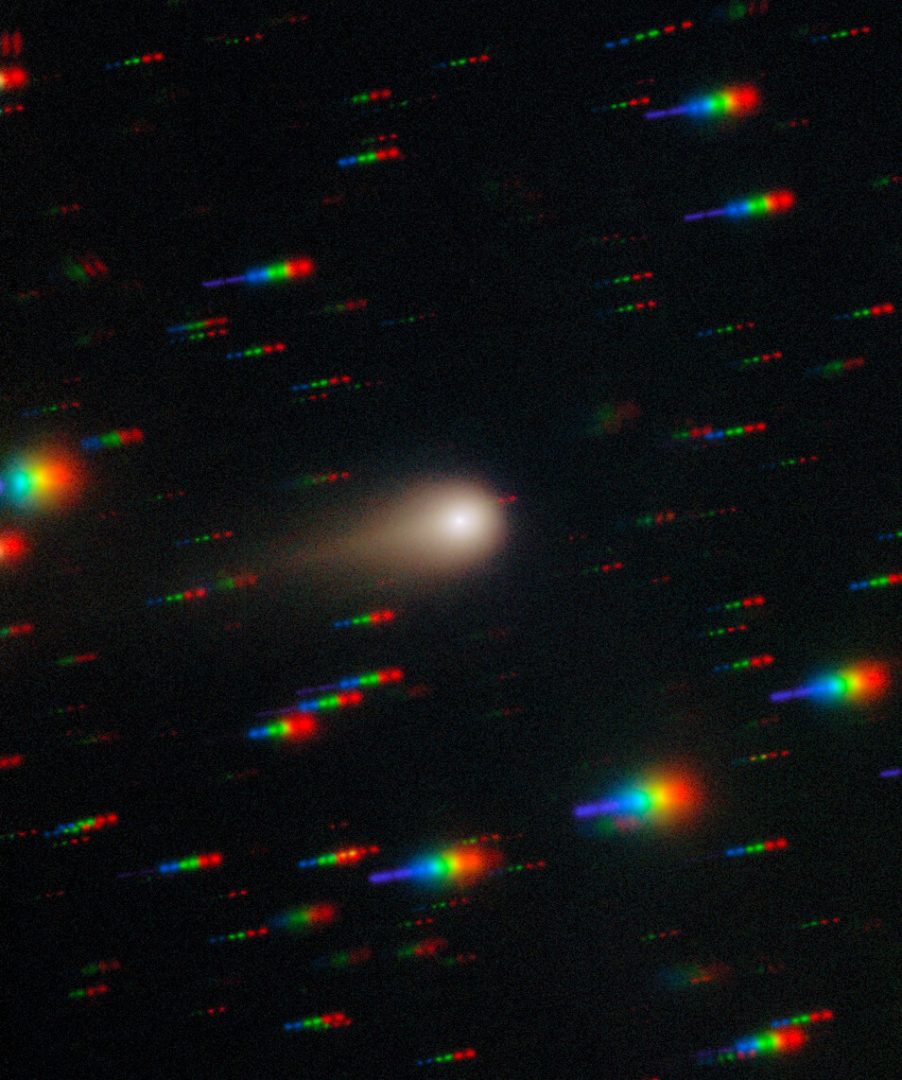 Comet 3I/ATLAS streaks across a dense star field in this image captured by the Gemini Multi-Object Spectrograph (GMOS) on Gemini South. Credit: International Gemini Observatory/NOIRLab/NSF/AURA/Shadow the Scientist Image Processing: J. Miller & M. Rodriguez (International Gemini Observatory/NSF NOIRLab), T.A. Rector (University of Alaska Anchorage/NSF NOIRLab), M. Zamani (NSF NOIRLab)