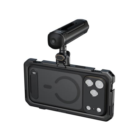 Black smartphone case with protective frame and mounted cylindrical LED light attachment for professional mobile photography and videography applications.