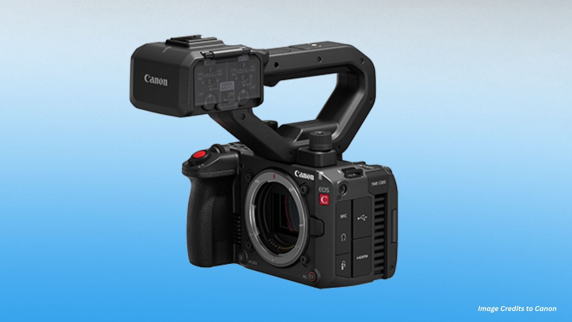 Canon EOS C professional cinema camera equipped with top handle mounting system and viewfinder attachment for handheld video production work.