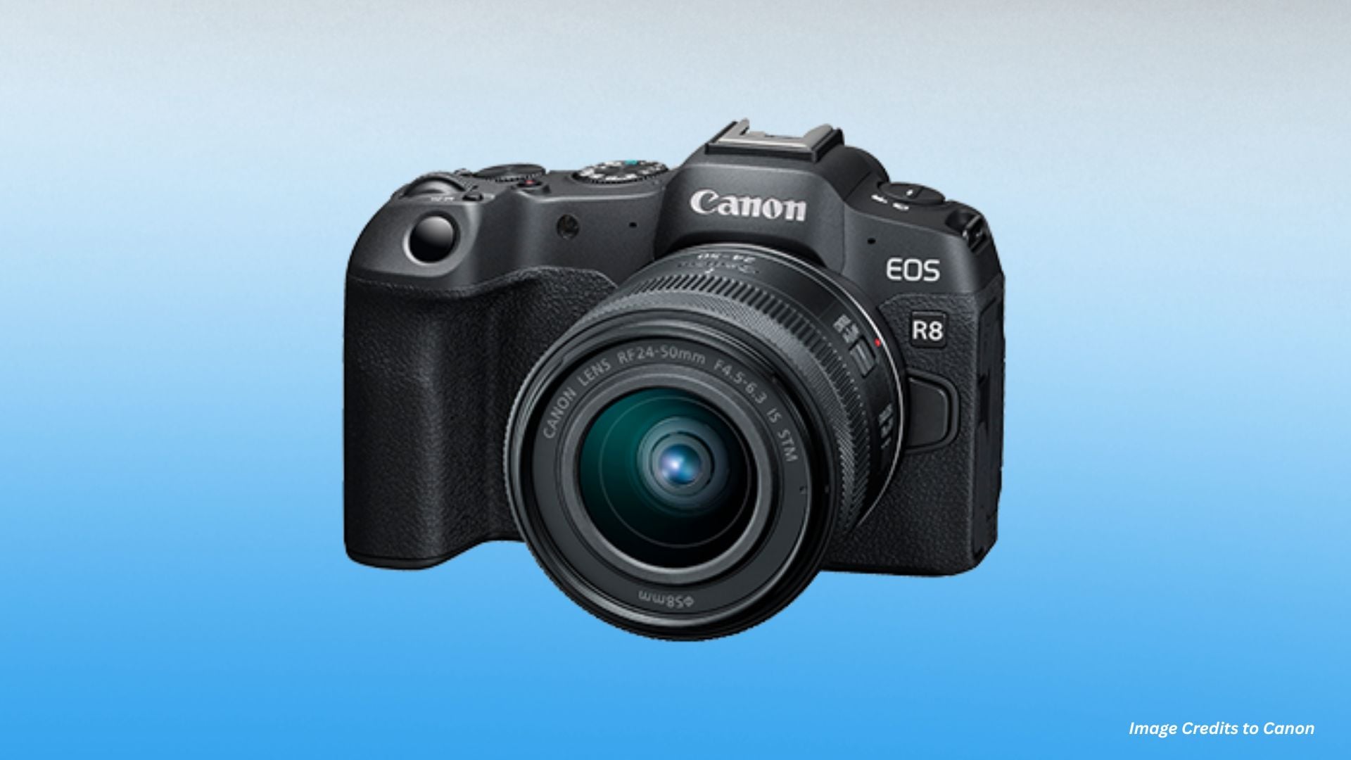 Compact full-frame mirrorless camera featuring 24.2MP sensor, 4K video capability, lightweight design, RF lens mount, and advanced autofocus system.