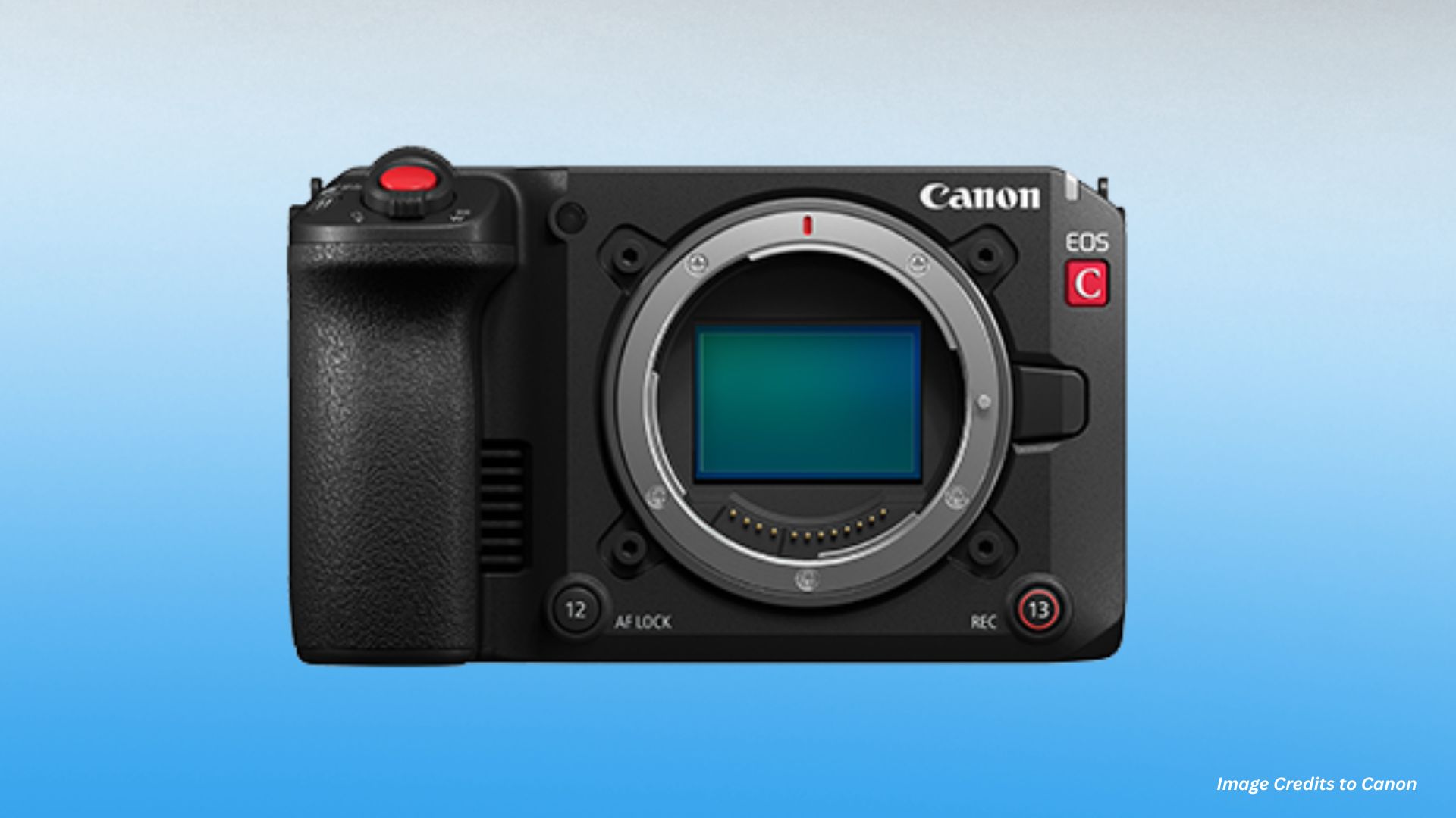 Canon EOS C professional video camera body with lens mount removed, revealing large full-frame sensor and electronic contacts for cinema production.
