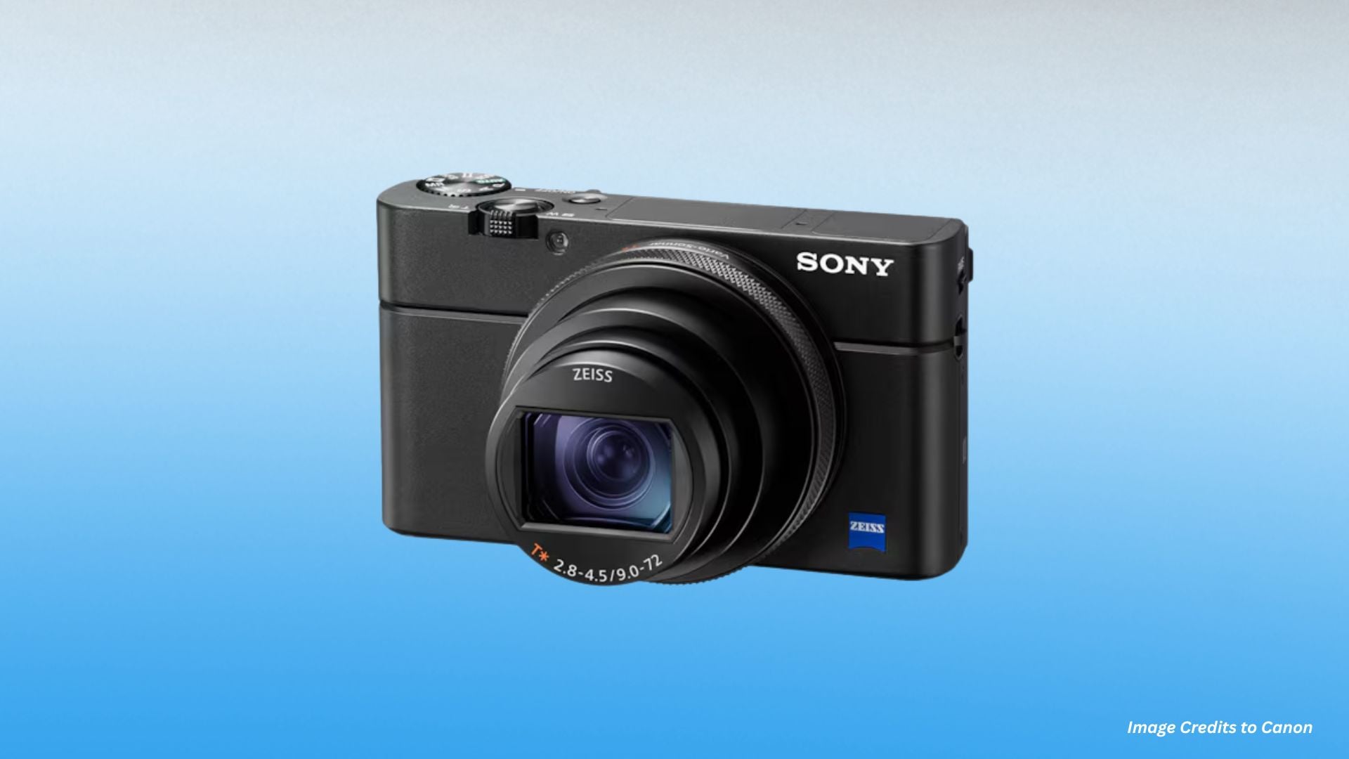 The Sony RX100 VII camera placed on a flat surface, displaying its compact build and advanced zoom lens. Ideal for vloggers and casual photographers, the camera offers both ease of portability and exceptional image quality.