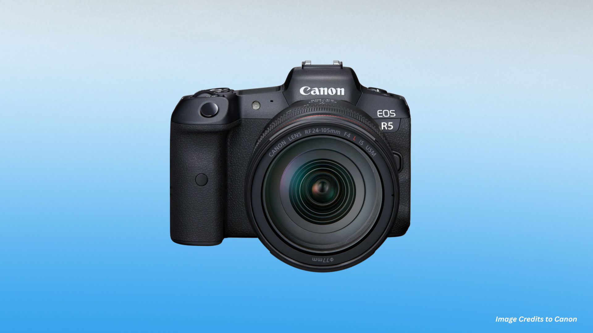 Black Canon EOS R5 full-frame mirrorless camera equipped with professional 24-105mm zoom lens