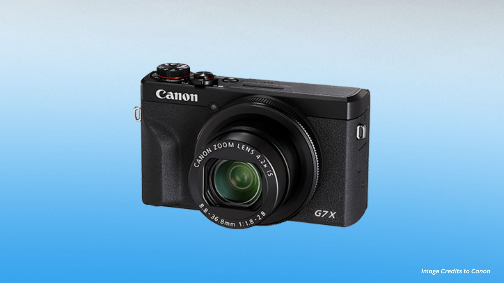 A Canon PowerShot G7 X Mark III camera, known for its portability and high-quality performance, positioned on a surface with a blurred background. The camera is commonly used for everyday photography and vlogging.