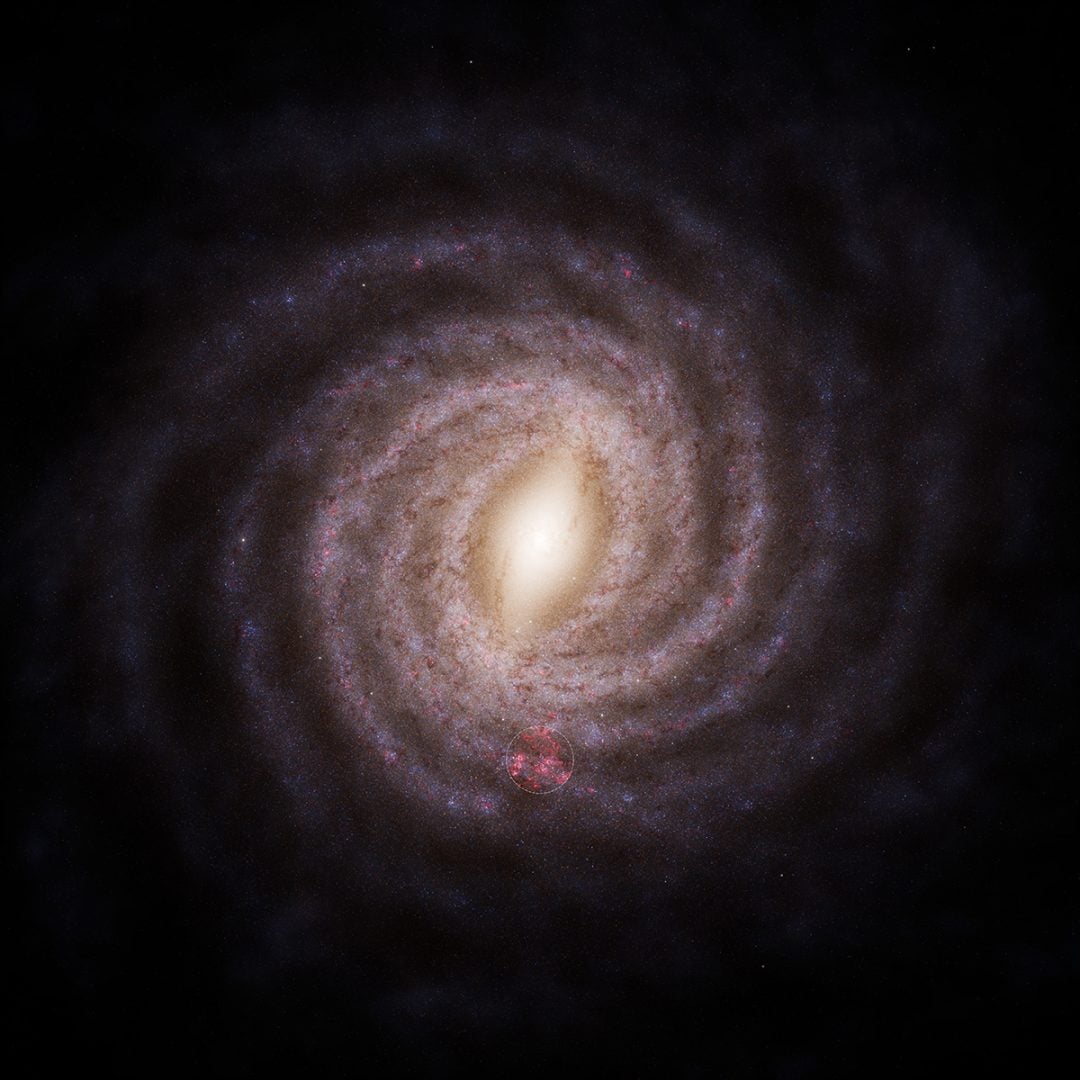 In this artist's impression of the Milky Way, based on data from the European Space Agency’s Gaia telescope, the location of the new star-formation map is shown. Credit: ESA/Gaia/DPAC, S. Payne-Wardenaar, L. McCallum et al (2025)
