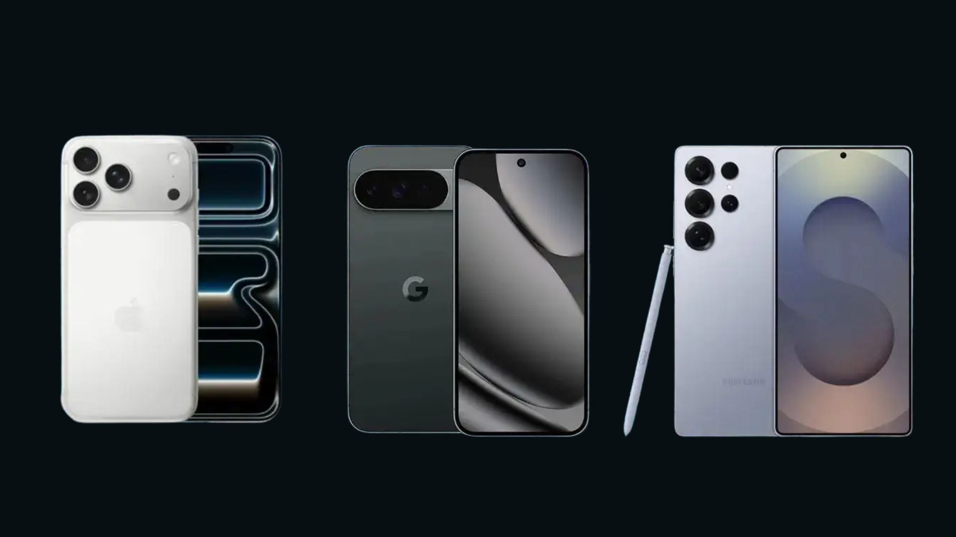 Three premium smartphones displayed showing white iPhone with triple cameras, Google Pixel with camera bar, and Samsung Galaxy with S Pen stylus.