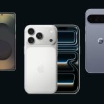 Three flagship smartphones arranged on dark background showing Samsung Galaxy, white iPhone, and Google Pixel with distinctive camera designs and displays.