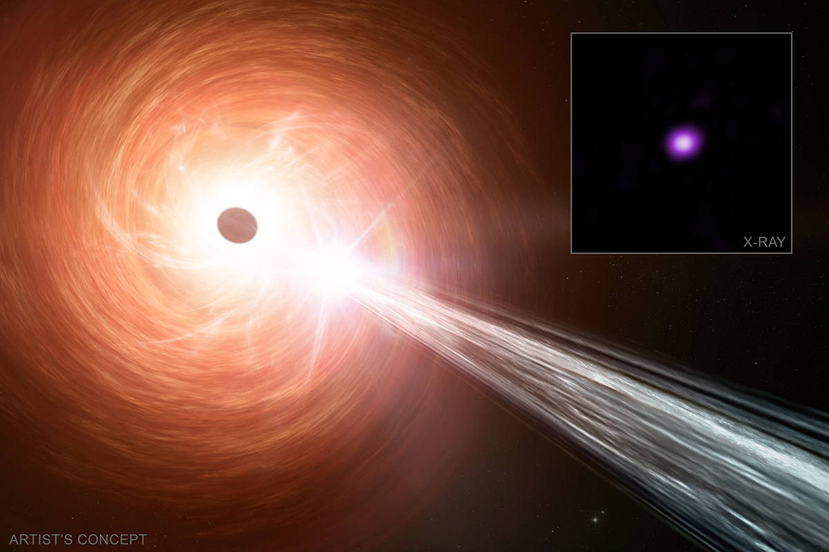 An artist's concept of a supermassive black hole, a surrounding disk of material falling towards the black hole, and a jet containing particles moving away at close to the speed of light. Credit: NASA/CXC/SAO/M. Weiss