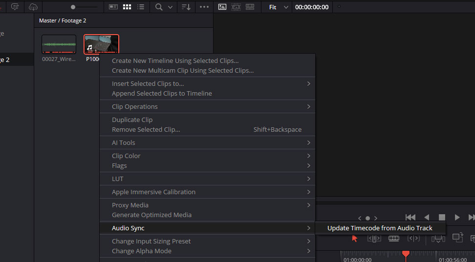 Syncing timecode from audio track in DaVinci Resolve.