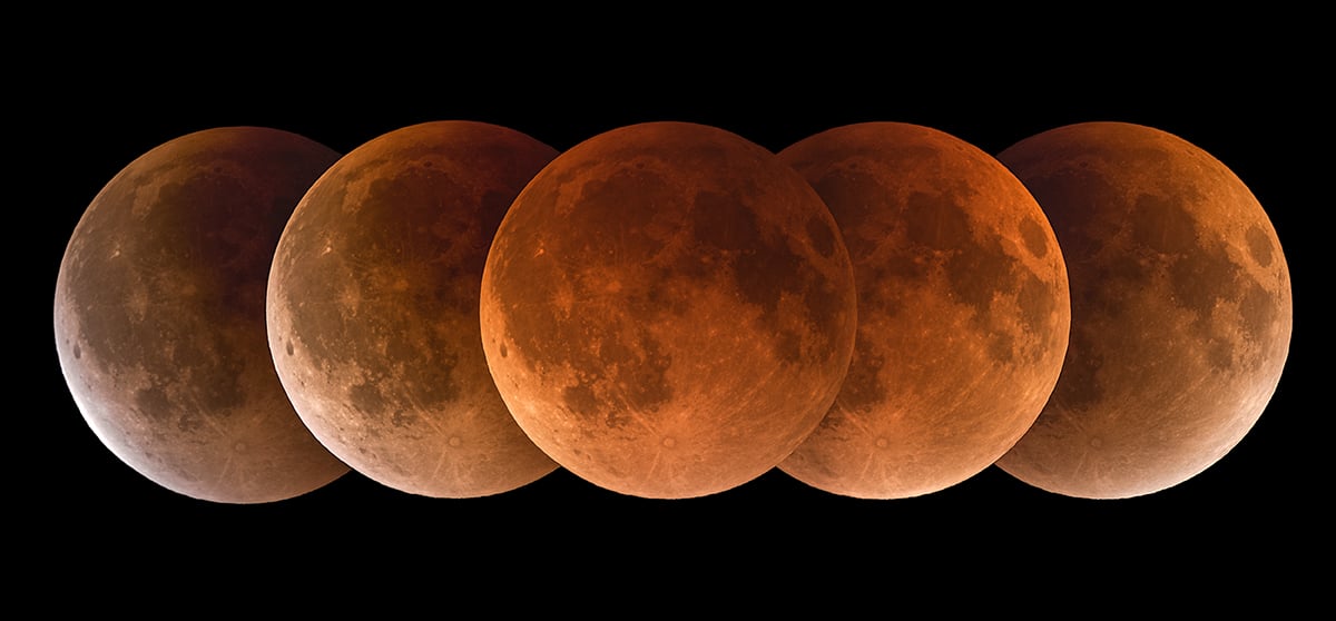 The different phases of totality during the total lunar eclipse captured from India by Soumyadeep Mukherjee