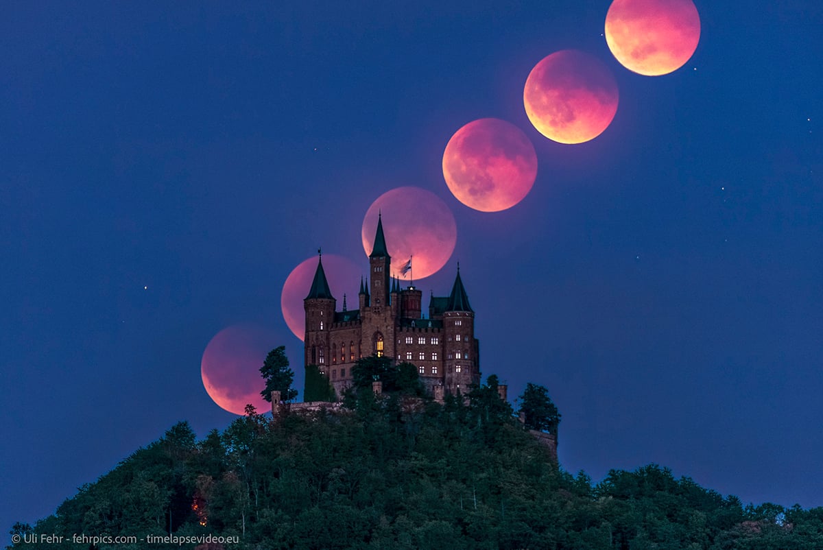 Uli Fehr created this image of the lunar eclipse above Hohenzollern Castle, Germany. This is a part of his time-lapse video of the eclipse