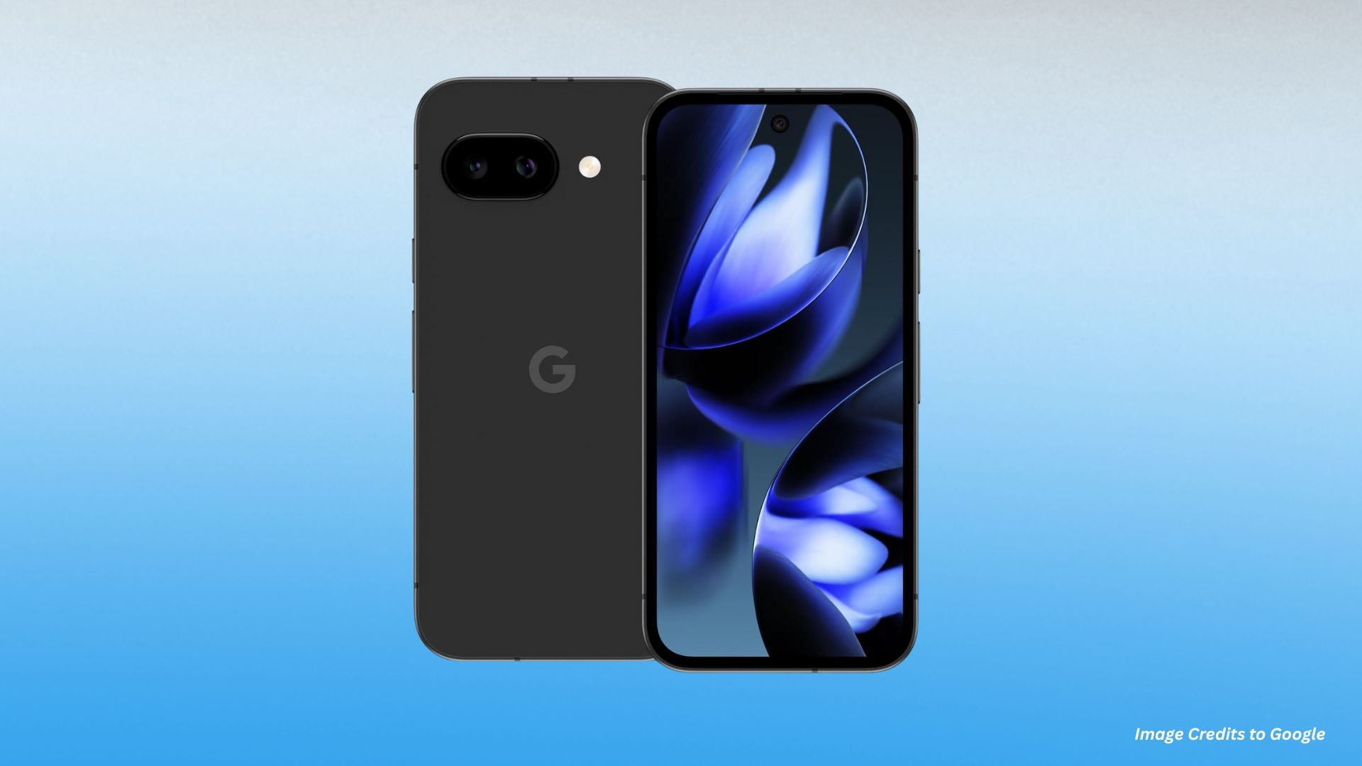 Dark gray Google Pixel phone showing dual rear cameras with G logo and front display featuring blue abstract wallpaper design.