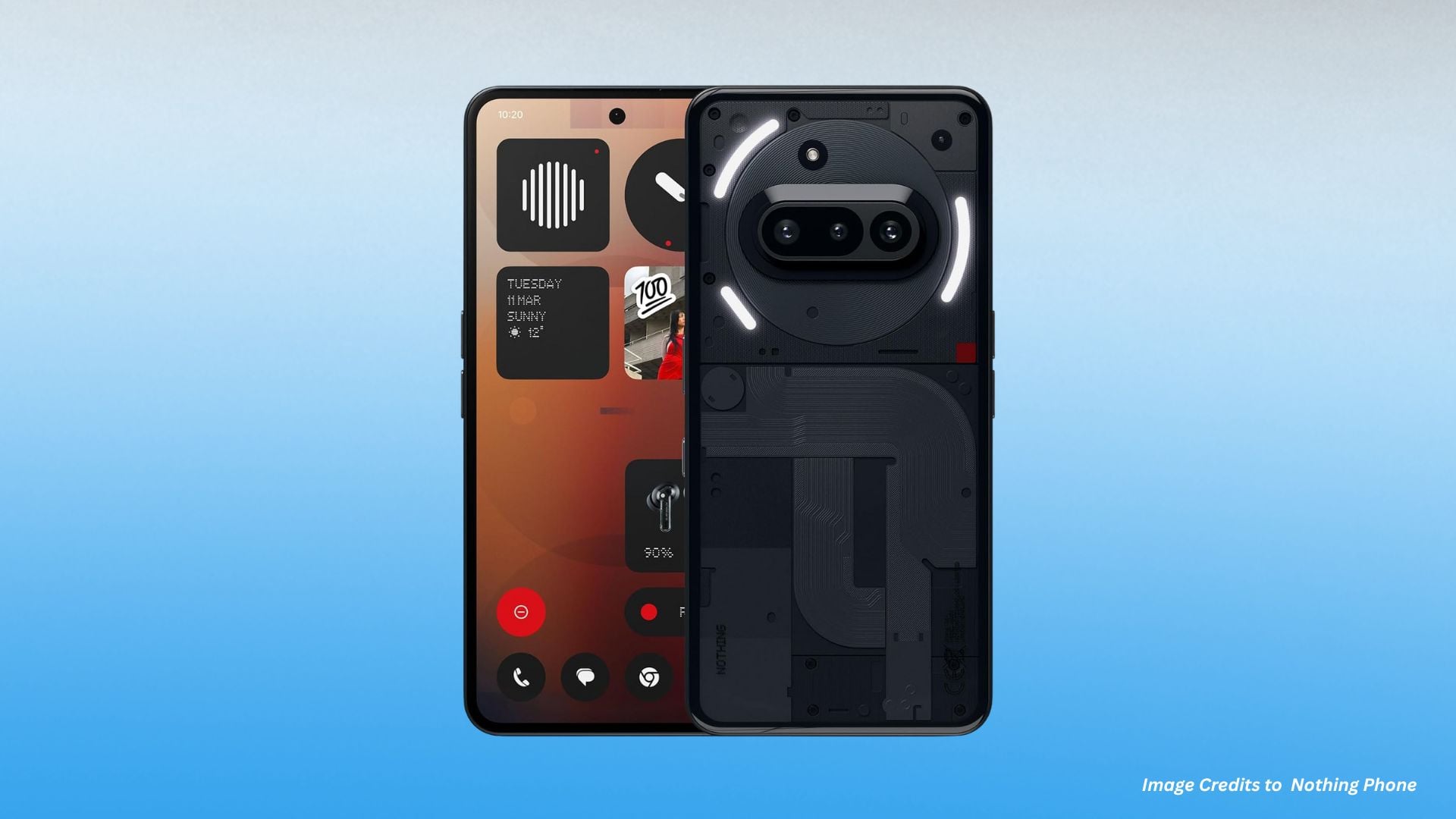Futuristic smartphone with transparent back revealing internal components, LED ring light around triple camera, and customizable widget display on front screen.