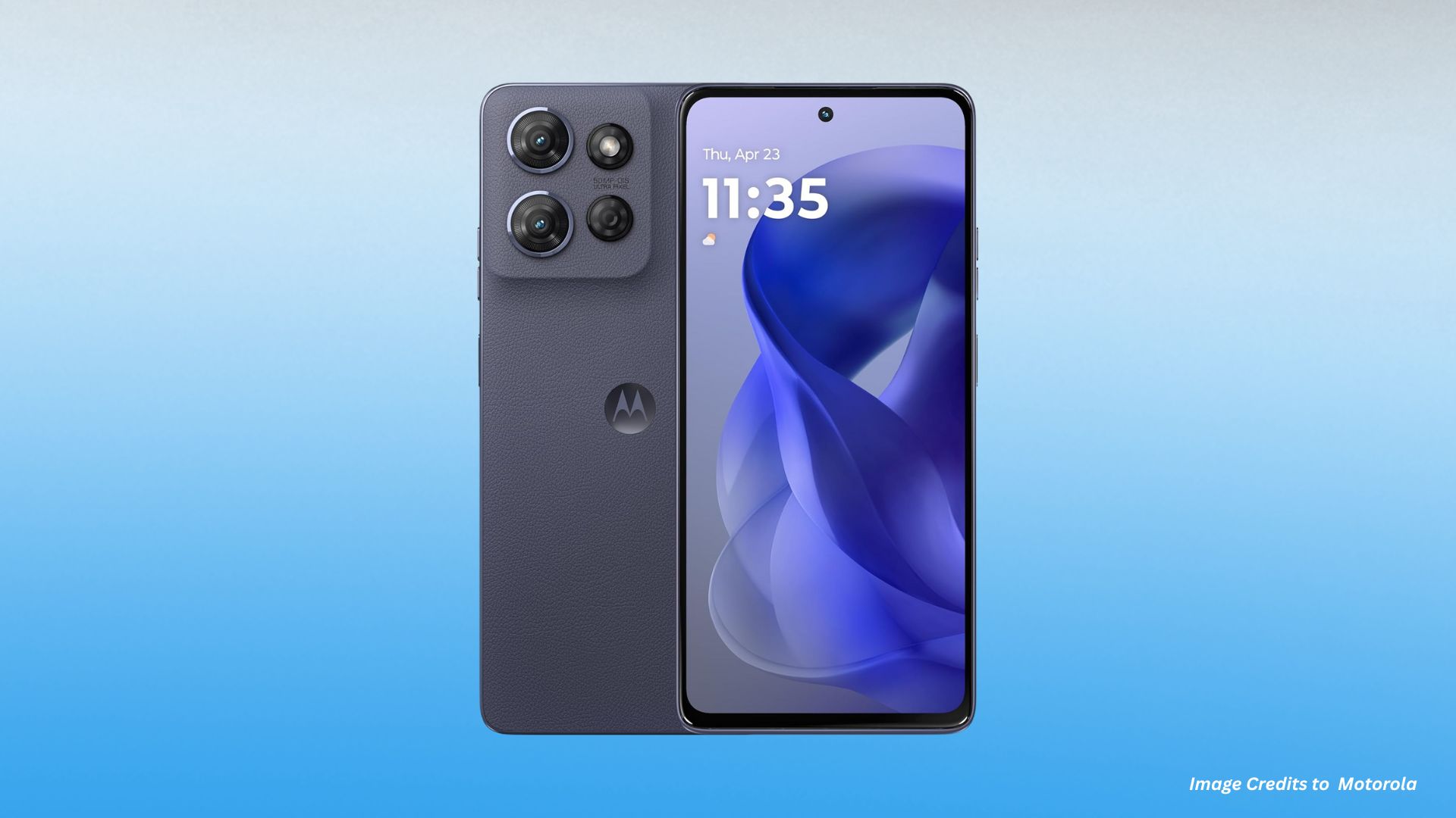 Gray Motorola phone featuring square camera module with four lenses, textured back finish, and purple gradient abstract wallpaper on front display.