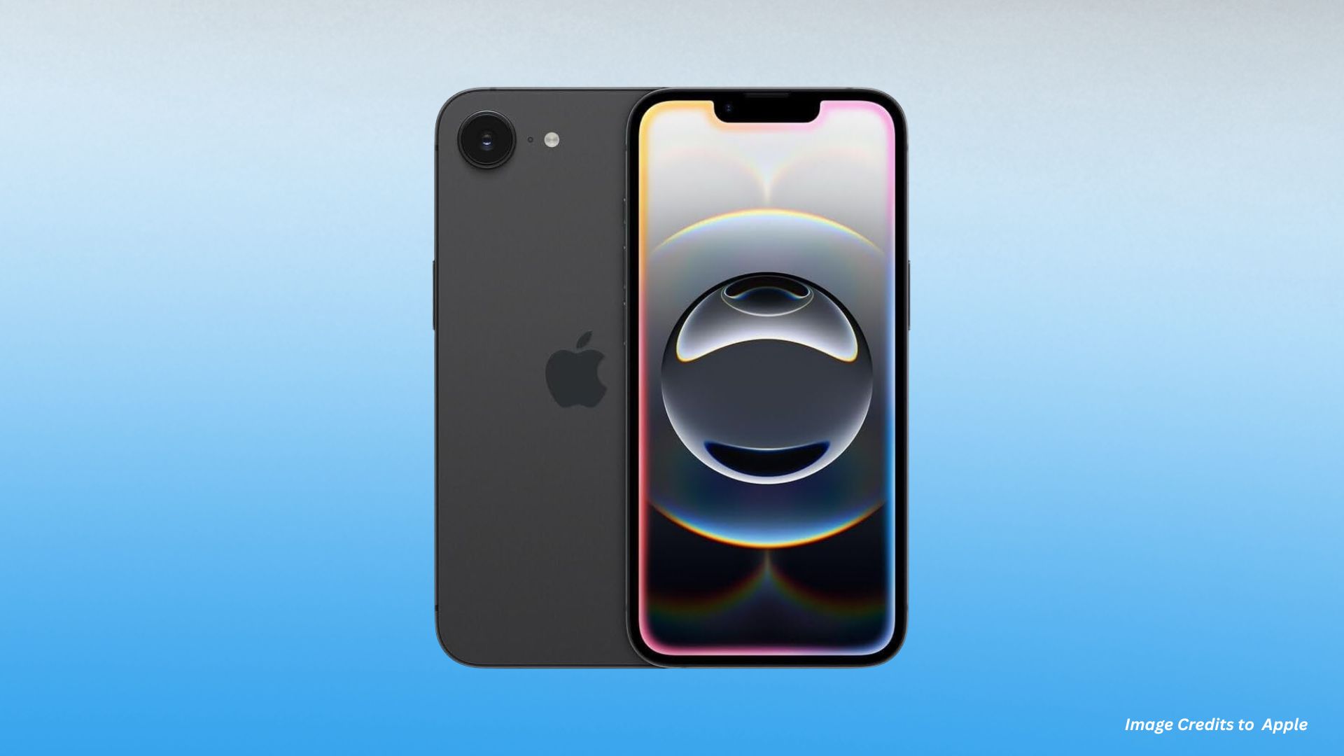 Space gray iPhone with single rear camera, Apple logo, and notched OLED display showing iridescent sphere wallpaper with rainbow light effects.